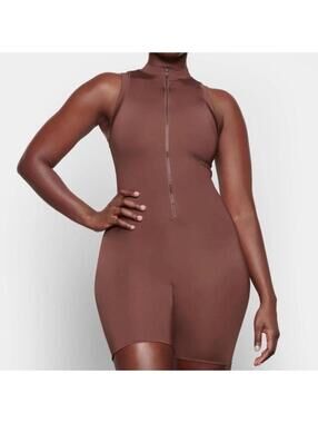 SKIMS Mock Neck Zip Front Biker Romper Cocoa Brown Sculpting Like New Plus 3X